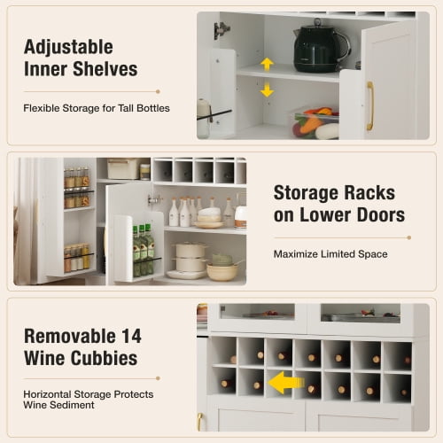 70.87" Tall Wine Bar Cabinet with Glass Doors, Modern Liquor Cabinet with Removable 14-Bottle Wine Rack & Built-in Door Shelves, High-Capacity Home Bar Storage Cabinet, White