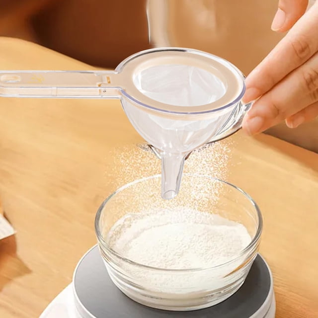Filtro de malla para alimentos, embudo para alimentos con colador con mango, colador de malla, embudo de cocina para llenar botellas de leche de soja blanco