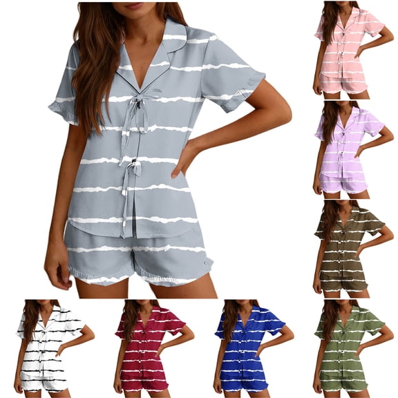 Pjs Sets for Women Pajamas for Women Women's Fashion Striped Ruffled Short-Sleeved Elastic Waist Shorts Pajama Set Black L