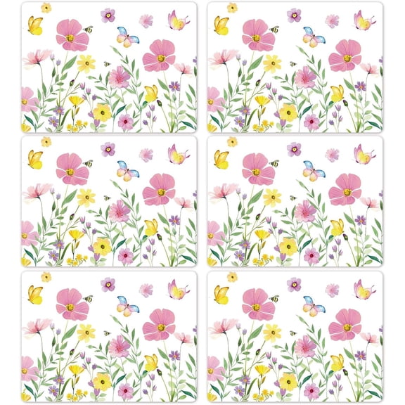 Spring Floral Butterfly Placemats Set of 6 Flower Summer Plastic Table Mats Wildflower Place Mats Washable Vinyl Rustic Holiday Table Decoration for Indoor Outdoor Party Kitchen Dining