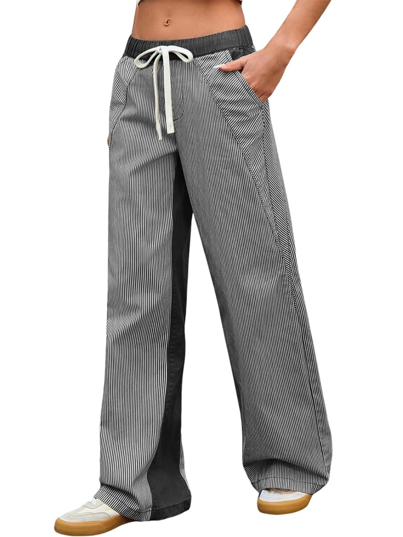 Low Rise Striped Pants for Women Pull on Drawstring Boho Wide Leg Jeans Trendy 2025 Black XL - image 3