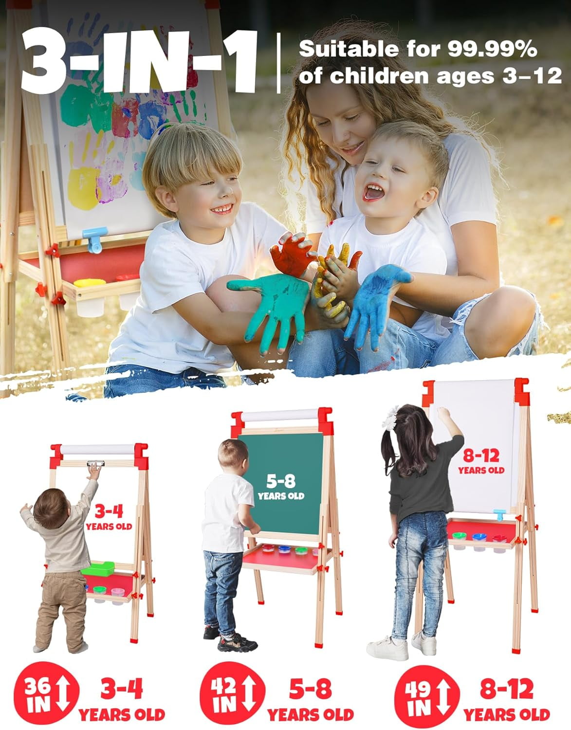 Kids Wooden Easel with Paper Roll - Adjustable Magnetic Double Sided Drawing Board Whiteboard & Chalkboard Dry Easel Board, Children Art Easel for 3~12 Years Kids Boys Girls Painting Drawing