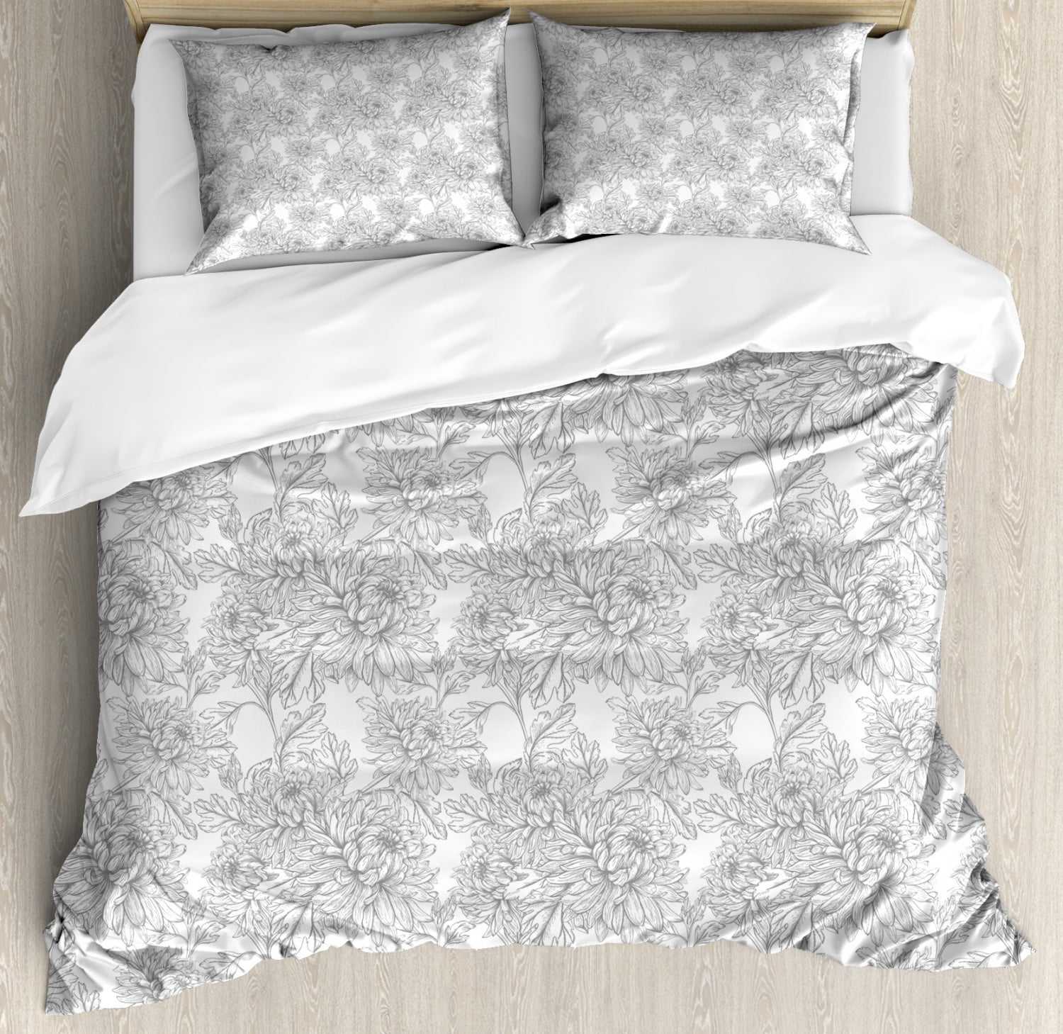Grey and White Duvet Cover Set King Size, Vintage Chrysanthemum Flowers