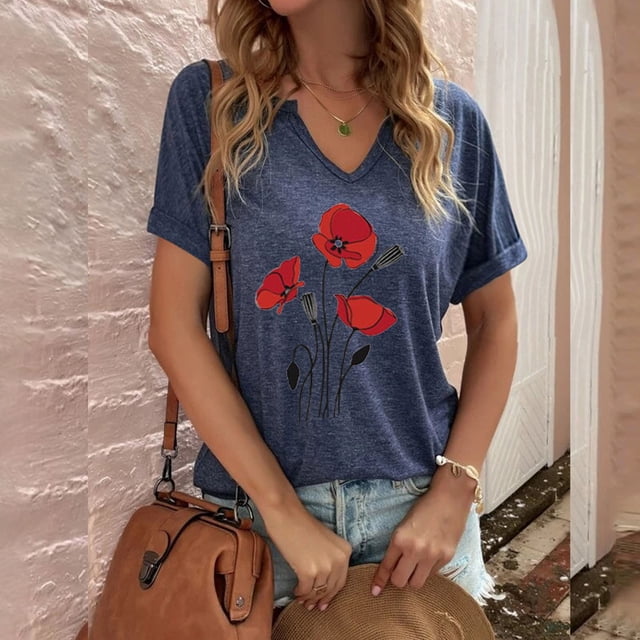 Fiudx Camisetas para Mujer Blusas con Cuello En V de Manga Corta con Estampado Informal a La Moda para Mujer