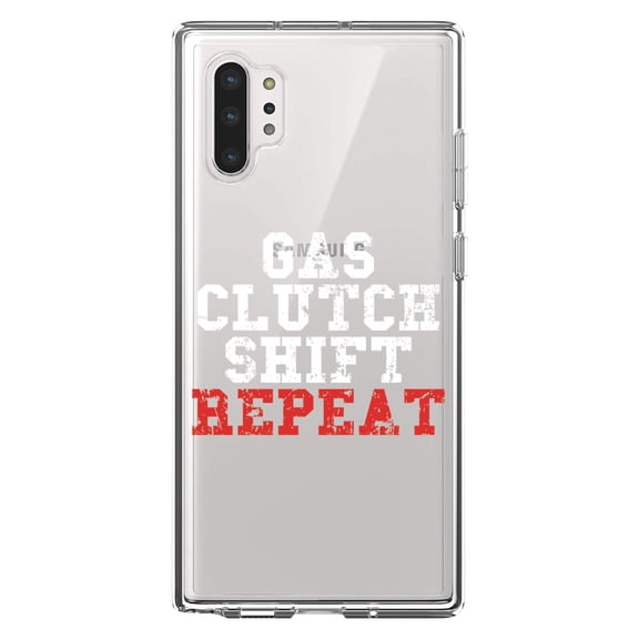 DistinctInk Clear Shockproof Hybrid Case for Galaxy Note 10 PLUS (6.8" Screen) - TPU Bumper Acrylic Back Tempered Glass Screen Protector - Gas Clutch Shift Repeat