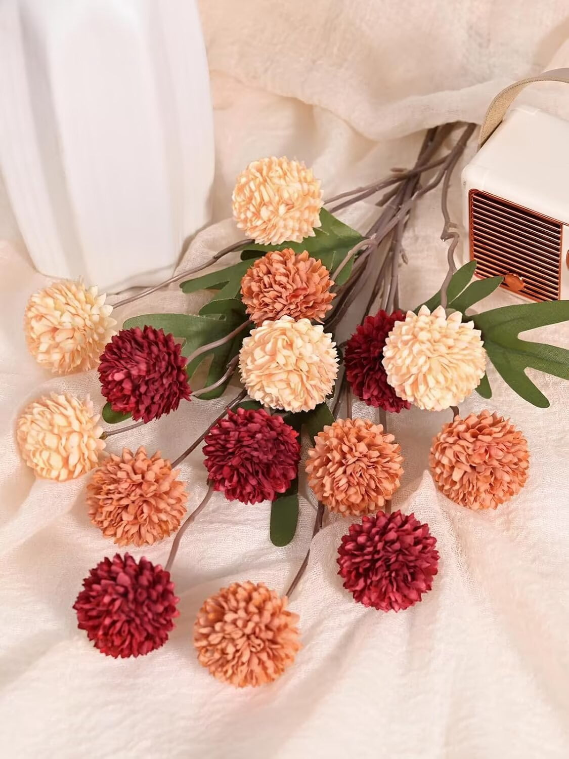 Pakyozj 10pcs Fake Silk Pompon Mum Artificial Flowers, Bulk Faux Mini Chrysanthemums, for Centerpieces Wedding Fillers Champagne Arrangements Boho Decor, No vase
