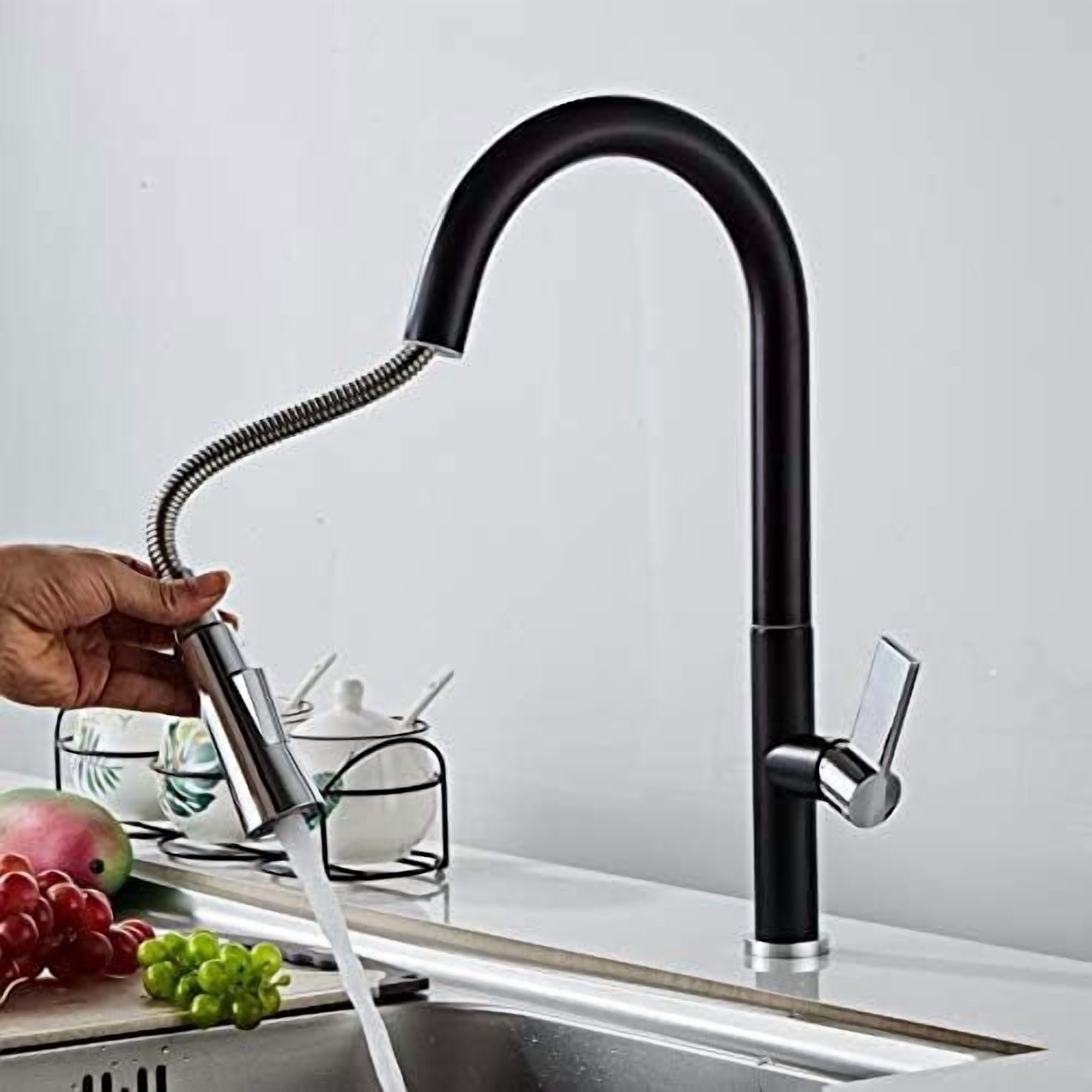 Kitchen Sink Faucet for Bar Farmhouse Commercial, Single Handle Pull Out Kitchen Tap, Swivel Degree Water Mixer Tap, Chrome Spring Button Nozzle Kitchen Faucets