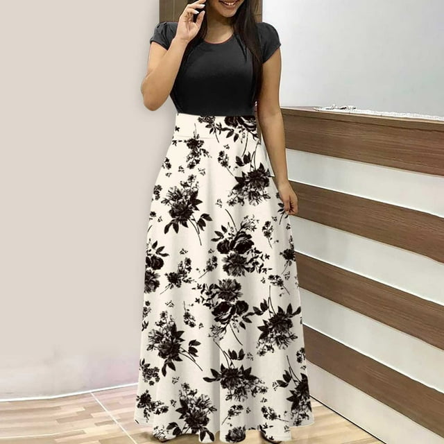 SMihono Robe Maxi Bohème d'Été pour Femmes Grande Taille Robe d'Été Unie Colorée Manches Courtes Robes de Plage Décontractées Maxi Robe de Plage