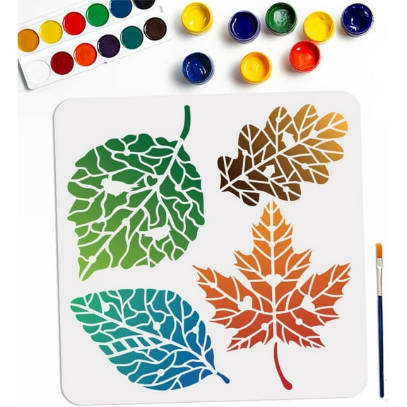 Plastic Leaves Veins Maple Leaf Stencil 11.8×11.8inch Large Autumn Leaves Stencil Reusable 4 Leaf Patterns Drawing Templates with Paint Brush for Furniture Canvas Home Decor DIY Crafts Plastic