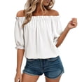 thumbnail image 2 of YVNAURA Womens Puff Short Sleeve Off Shoulder Tops 2026 Fashion Cute Casual Blouse Loose Fit Smocked Elastic Lightweight Summer Shirt Dressy Beach Travel Vacation Clothing, White,L, 2 of 6