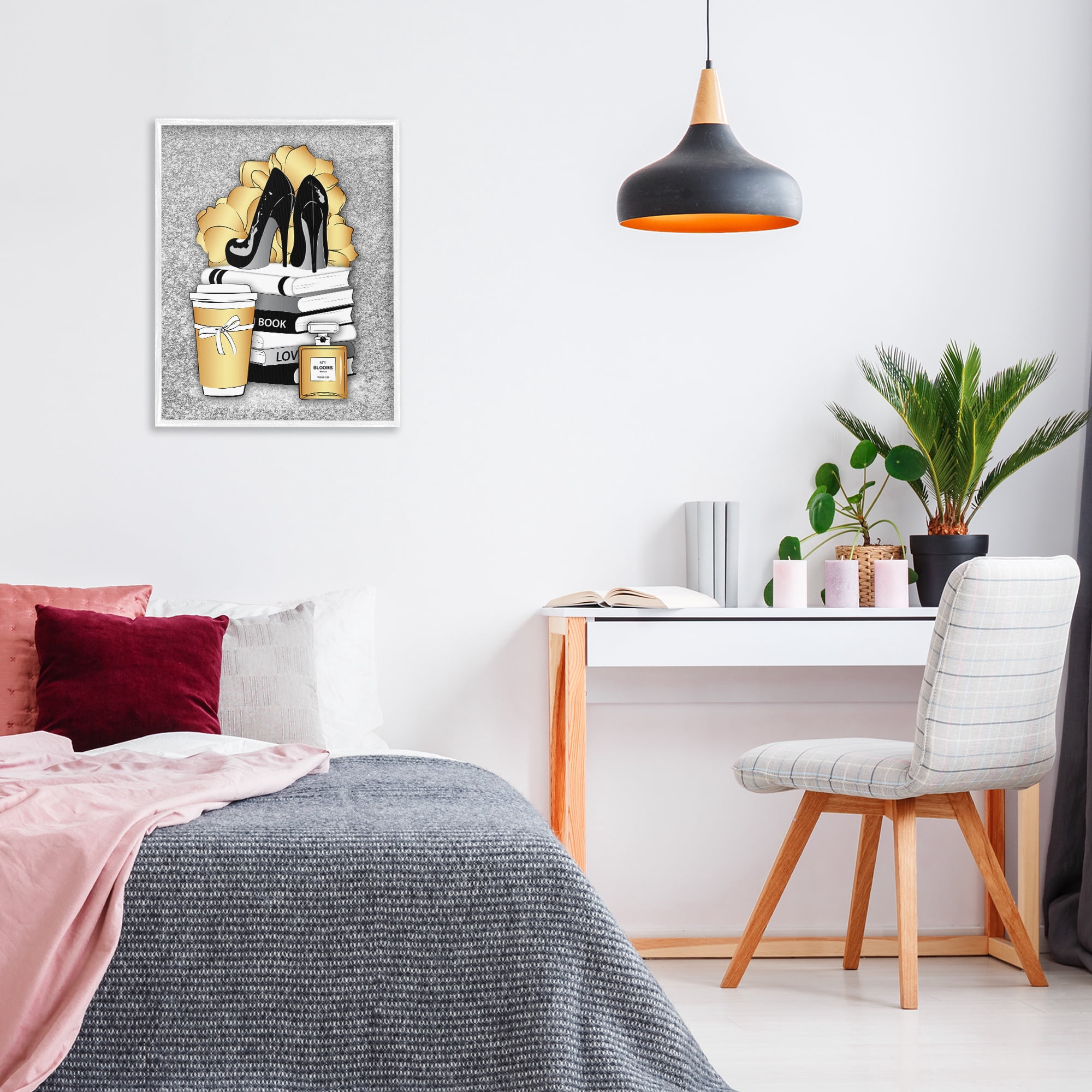 Stupell Industries Gold & Black Glam Books Beauty & Fashion Painting White Framed Art Print Wall Art, 24 x 30