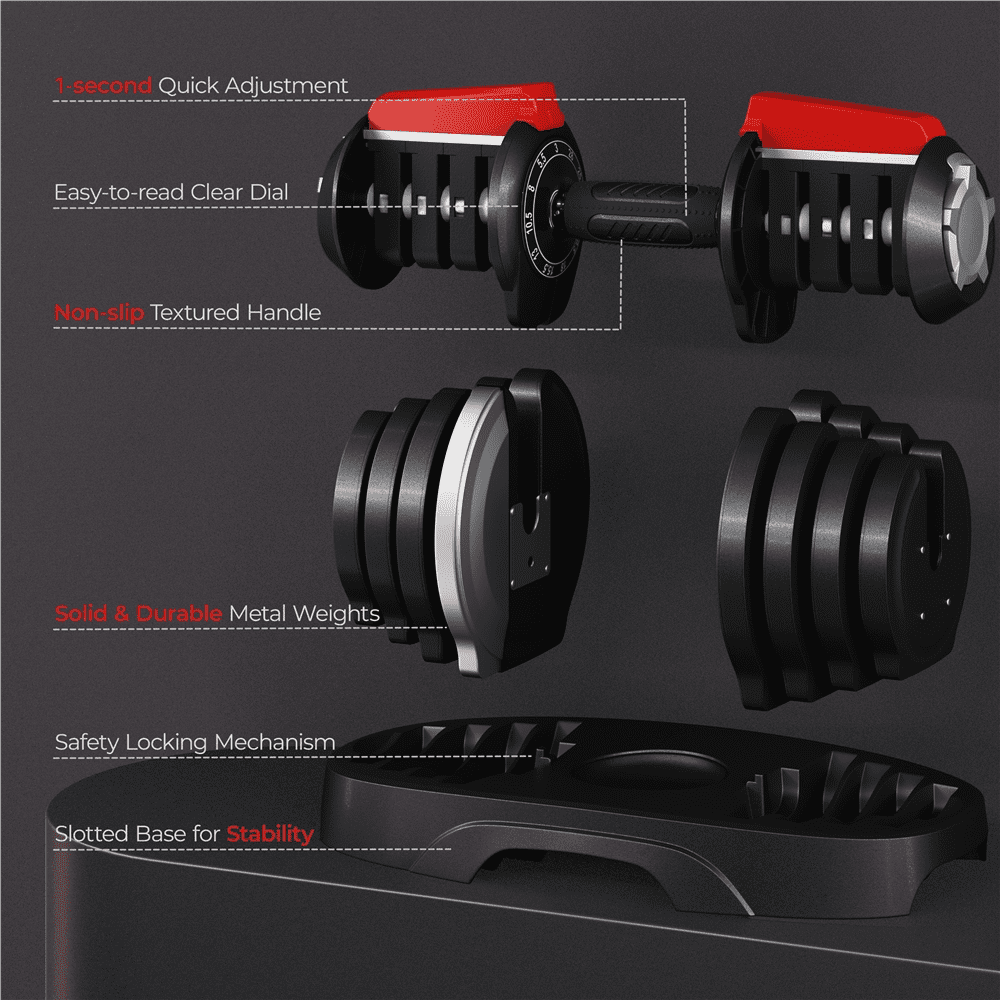 Renwick 11-in-1 Adjustable Dumbbell Weight For Home Gym, Black & Red