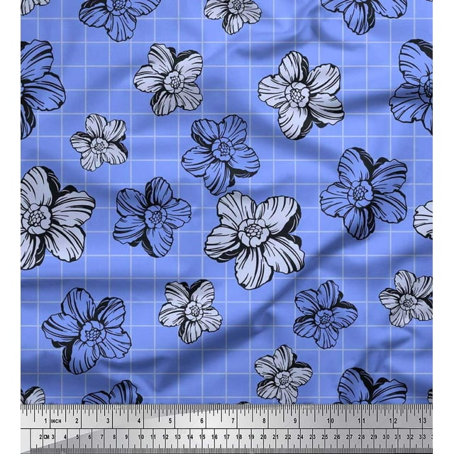 Soimoi Moss Georgette Fabric Check & Floral Artistic Printed Fabric 1 Yard 42 Inch Wide