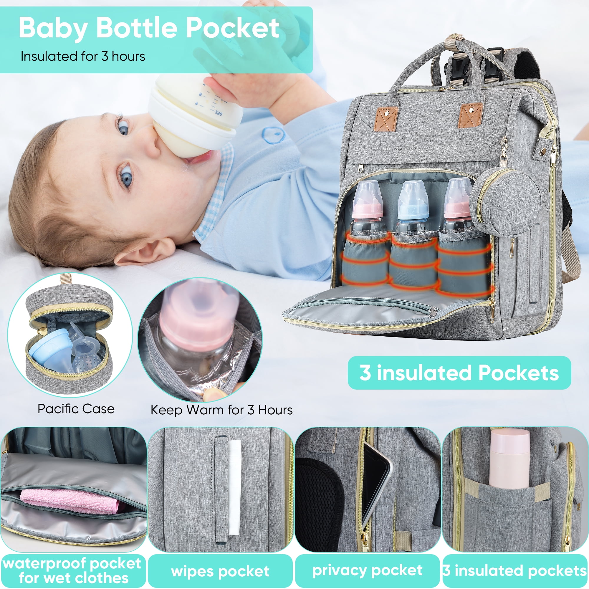 Baby Diaper Bag Backpack,Baby Shower Gifts, Multifunctional Travel Diaper Bag, Gifts for Mom with Portable Diaper Pad,Gray