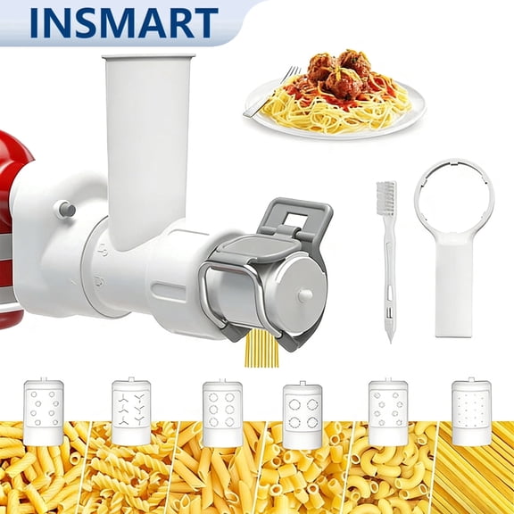 INSMART 6-in-1 Pasta Maker Attachment for KitchenAid Stand Mixer Stainless Steel and ABS Noodle Press with 6 Dies for Spaghetti Fettuccine and Cleaning Brush