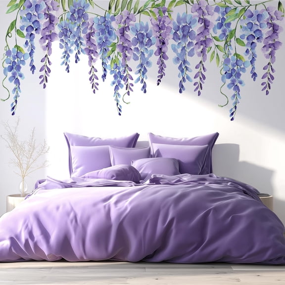 Purple Flowers Wall Decals Peel and Stick, Large Wisteria Floral Vinyl Wall Stickers, Removable Vine Home Decor Art for Bedroom Living Room Classroom Office