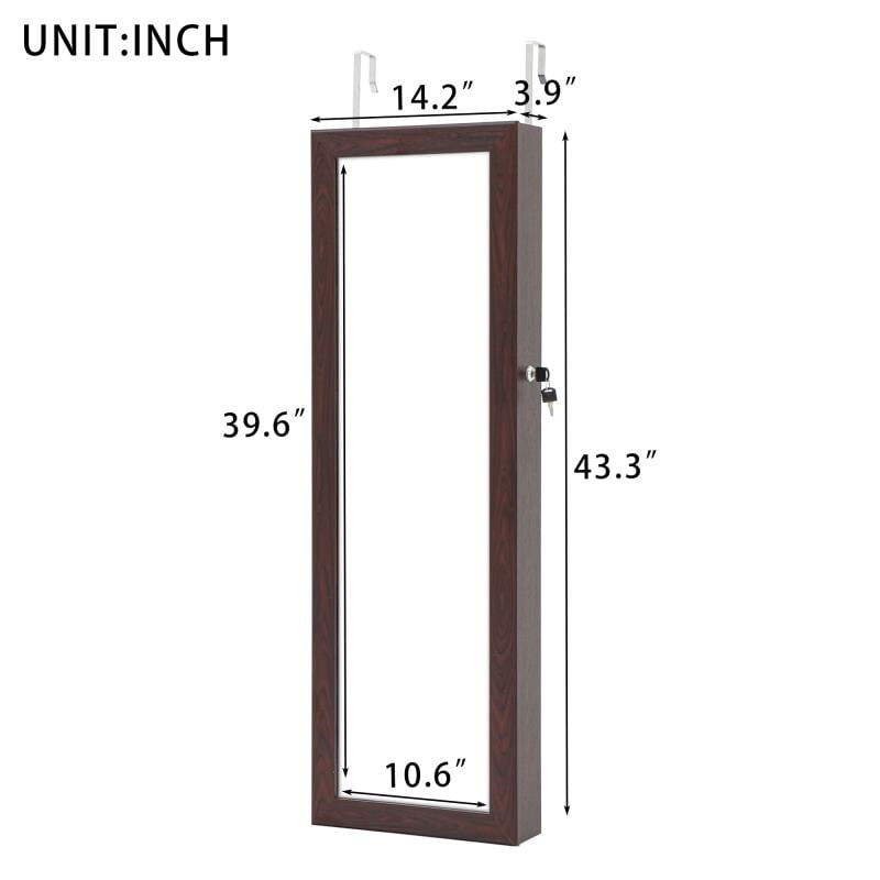 Resenkos LED Light Mirrored Jewelry Cabinet with Storage Drawer, Door/Wall Jewelry Armoire with Full-Length Mirror Brown Resenkos LED Light Mirrored Jewelry Cabinet with Storage Drawer, Door/Wall Jewelry Armoire with Full-Length Mirror Brown