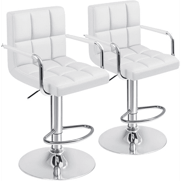 Modern PU Leather Bar Stools with Armrest - Adjustable Hydraulic Swivel Stools with X-Large Base, Set of 2 (White)
