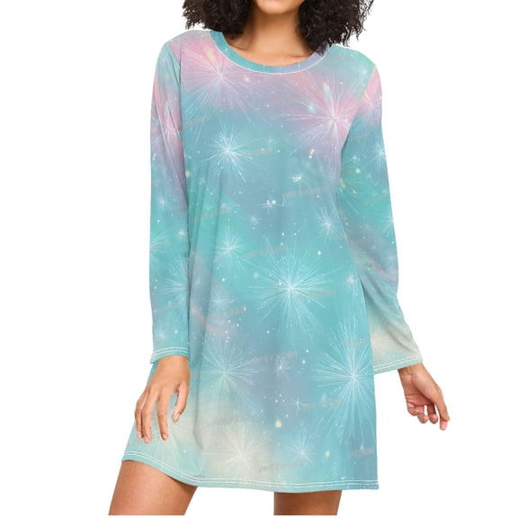 Glowing Crystals Candy Colored Aurora Women's Long Sleeves Nightgowns Sleepwear Soft Pajama A-line Sleep Dress S