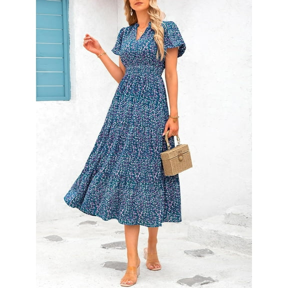 Summer Maxi Dresses for Women 2025 Casual V Neck Puff Short Sleeve Smocked Flowy Beach Boho Long Floral Dress