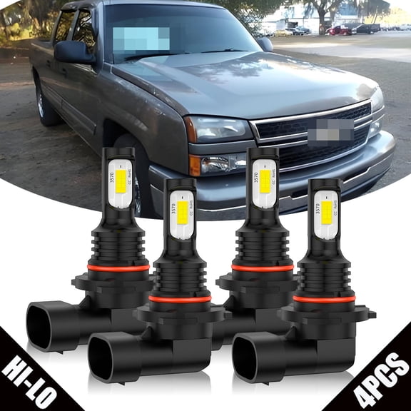 For Chevy Silverado 1500 2500 3500 1999-2001 2002-2006 4pcs 9005 9006 LED Headlight Bulbs Kit High/Low Beam 6000K 8000LM White Canbus Ready Plug-N-Play Halogen Replacement up to 50,000 Hours Lifespan