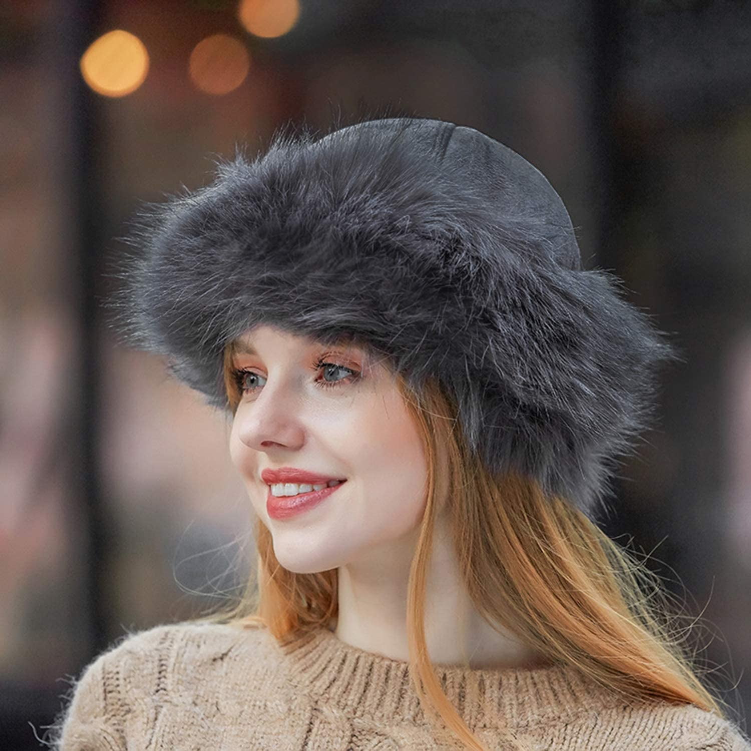 FFIY Women Suede Russian Hat Faux Fox 