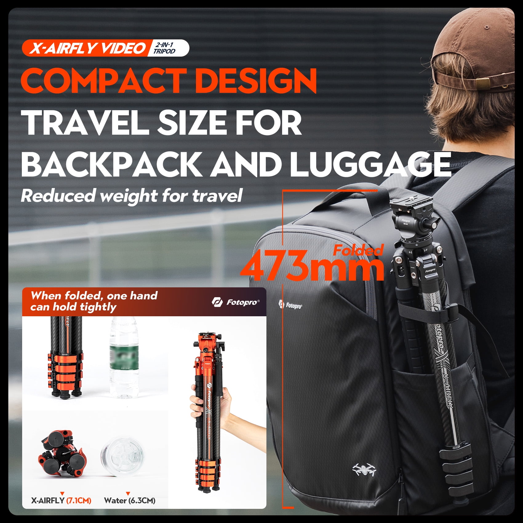 Fotopro X-Airfly Video 64.6" Carbon Fiber Tripod with Ball Head & Fluid Head, 5-Sec Lightweight Compact Camera Tripod Stand for Travel, Low Angel Shooting, Hidden Phone Clip, Max Load 10 lbs, Grey