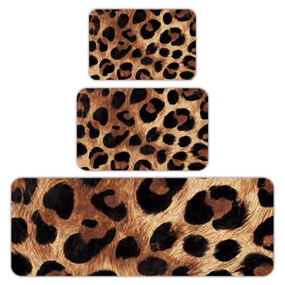 RKSupls Kitchen Rug Set 3 Piece Anti-Slip Flannel Floor Mats, Leopard Print Pattern Washable Absorbent Runner Mats for Kitchen Bathroom Home Decor