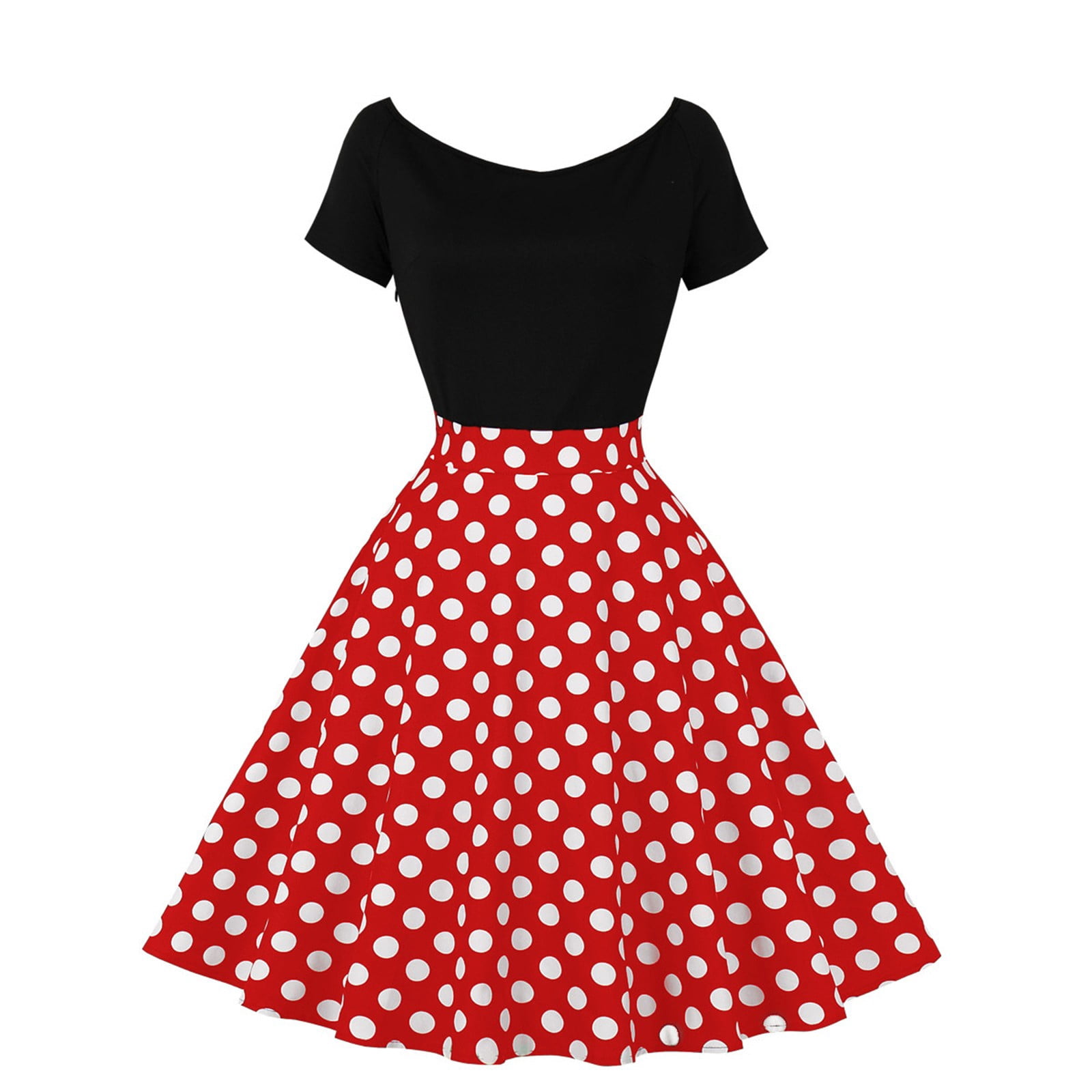 XIAOCHA Women's Polka Dot Dress Fitted Flared off Shoulder Short Sleeves Retro Swing Dress Stretchy Vintage Party Dresses
