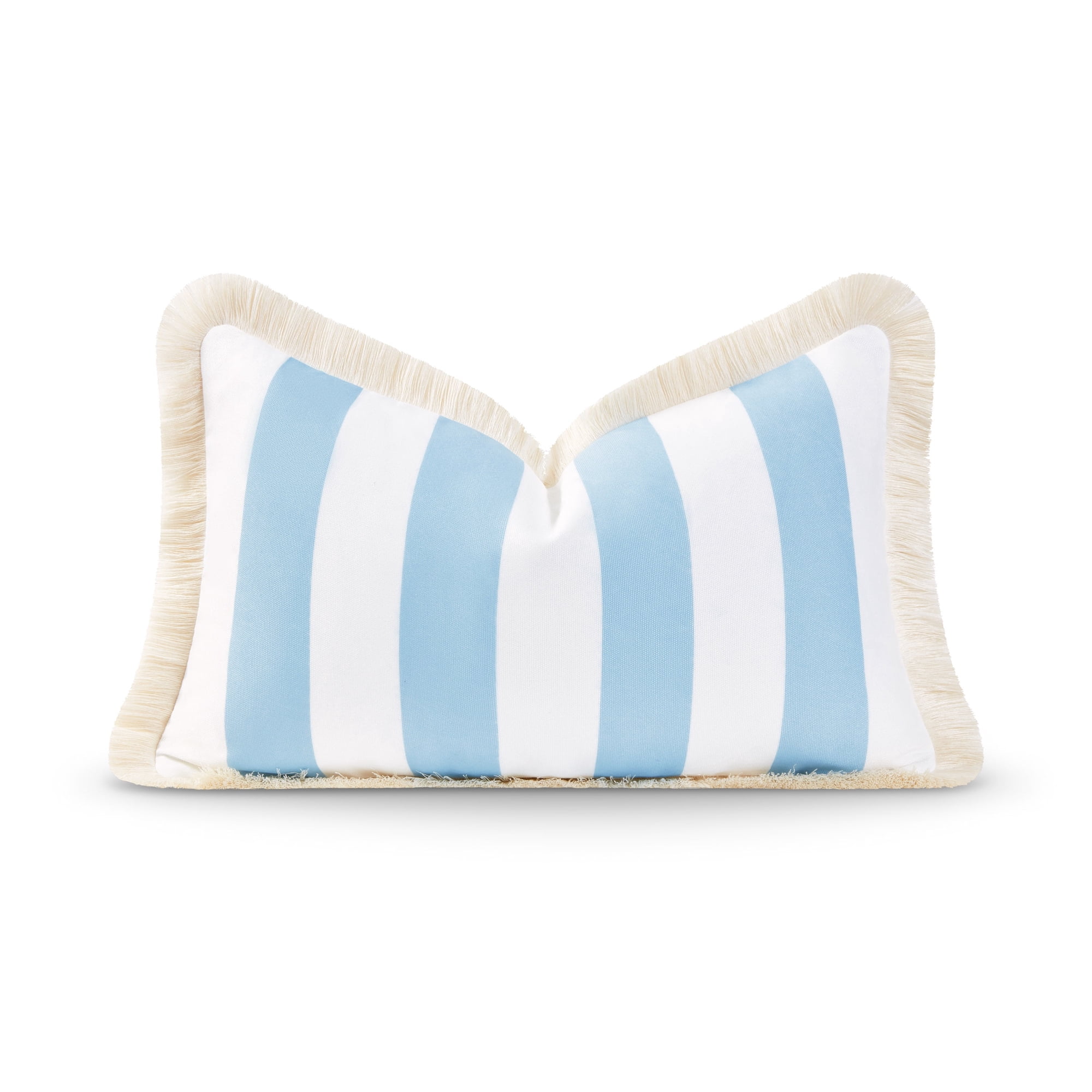 Hofdeco Premium Coastal Hampton Style Patio Indoor Outdoor Lumbar Pillow Cover Only, 12"x20" Water Resistant for Backyard, Couch, Baby Blue Stripe Fringe