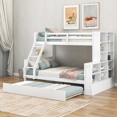 Twin over Full Bunk Bed with Trundle and Shelves  Can be Separated into Three Separate Platform Beds  Solid Wood Bunk Bed Frame for Kids Teens Adults  White