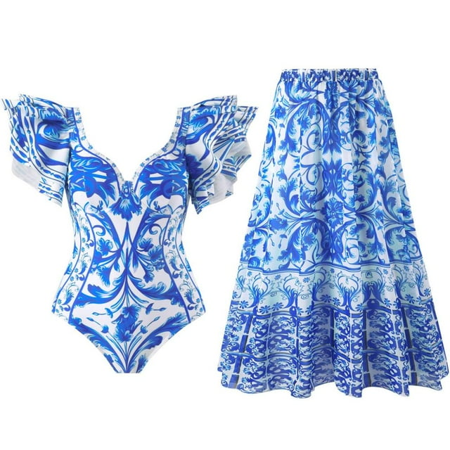 SDNall Bikini Ajusté Rétro à Imprimé Floral pour Femmes, Maillot de Bain une Pièce Aguichant pour Femmes avec Robe