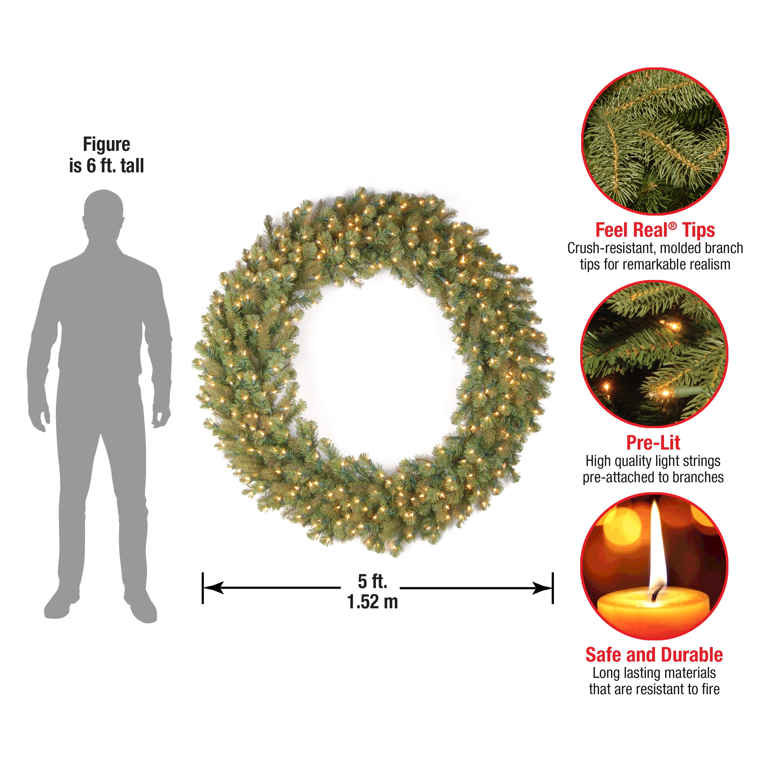 National Tree Company Pre-Lit Artificial 'Feel Real' Christmas Wreath, Green, Norwood Fir, White Lights, Christmas Collection, 42 Inches