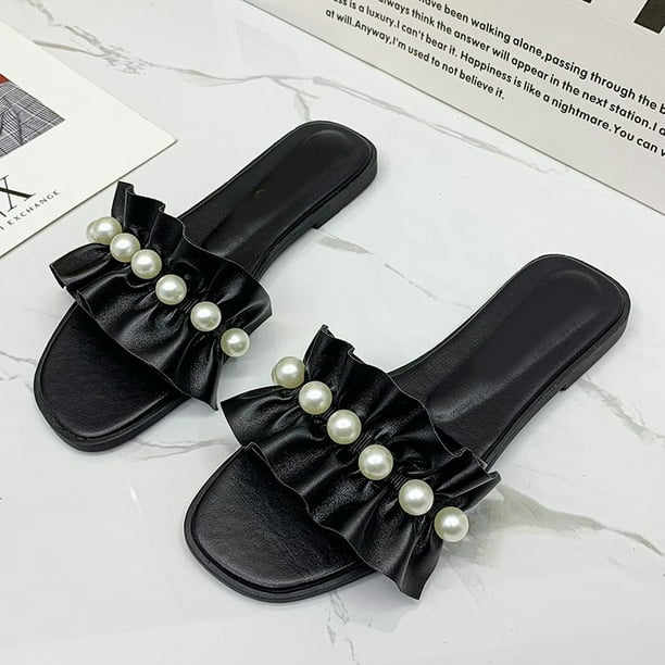 Sandale Plate Perle Artificielle Sandales Femmes Plage Décontracté