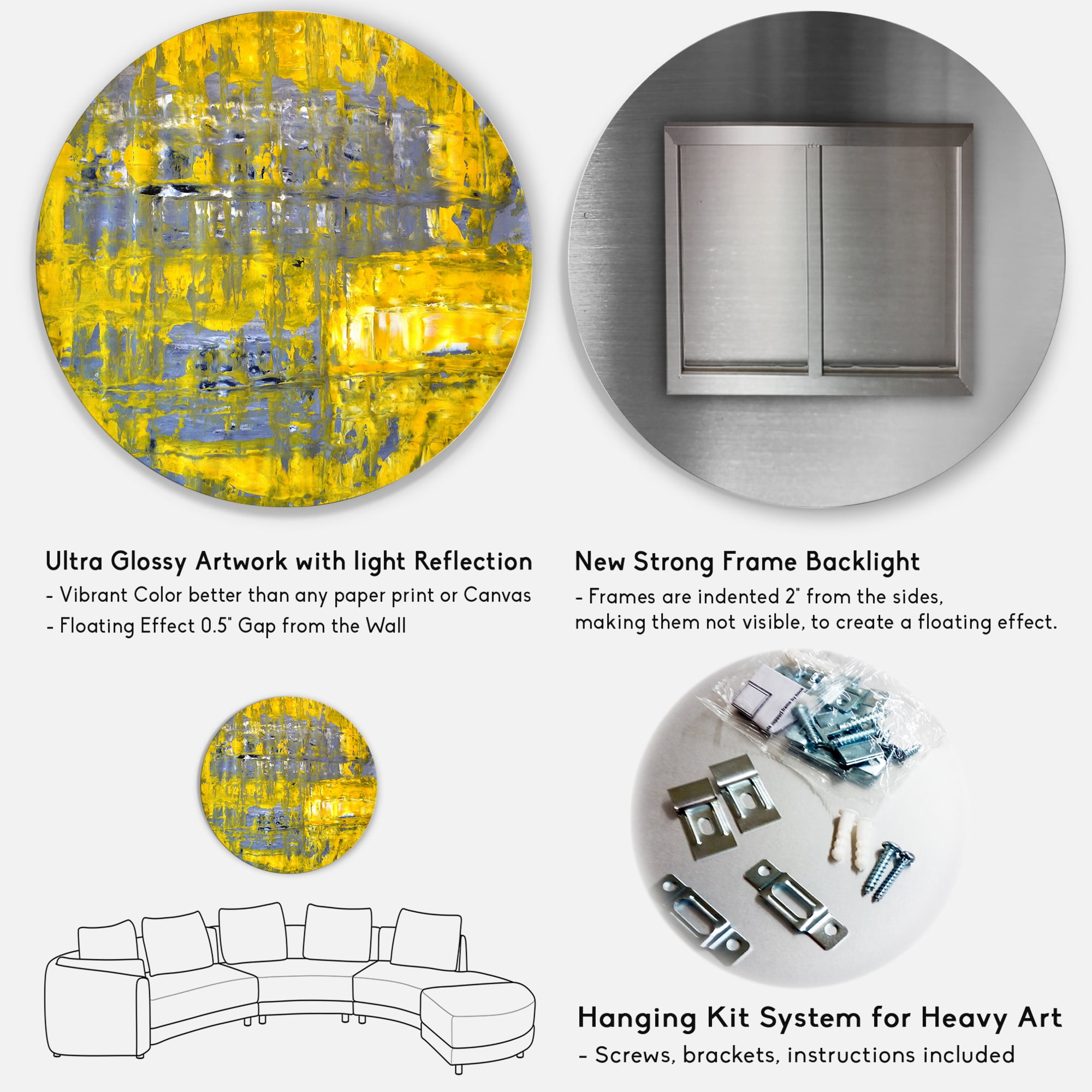 Designart 'Grey Meets Yellow Abstract Art I' Modern Circle Metal Wall Art 36x36 - Disc of 36