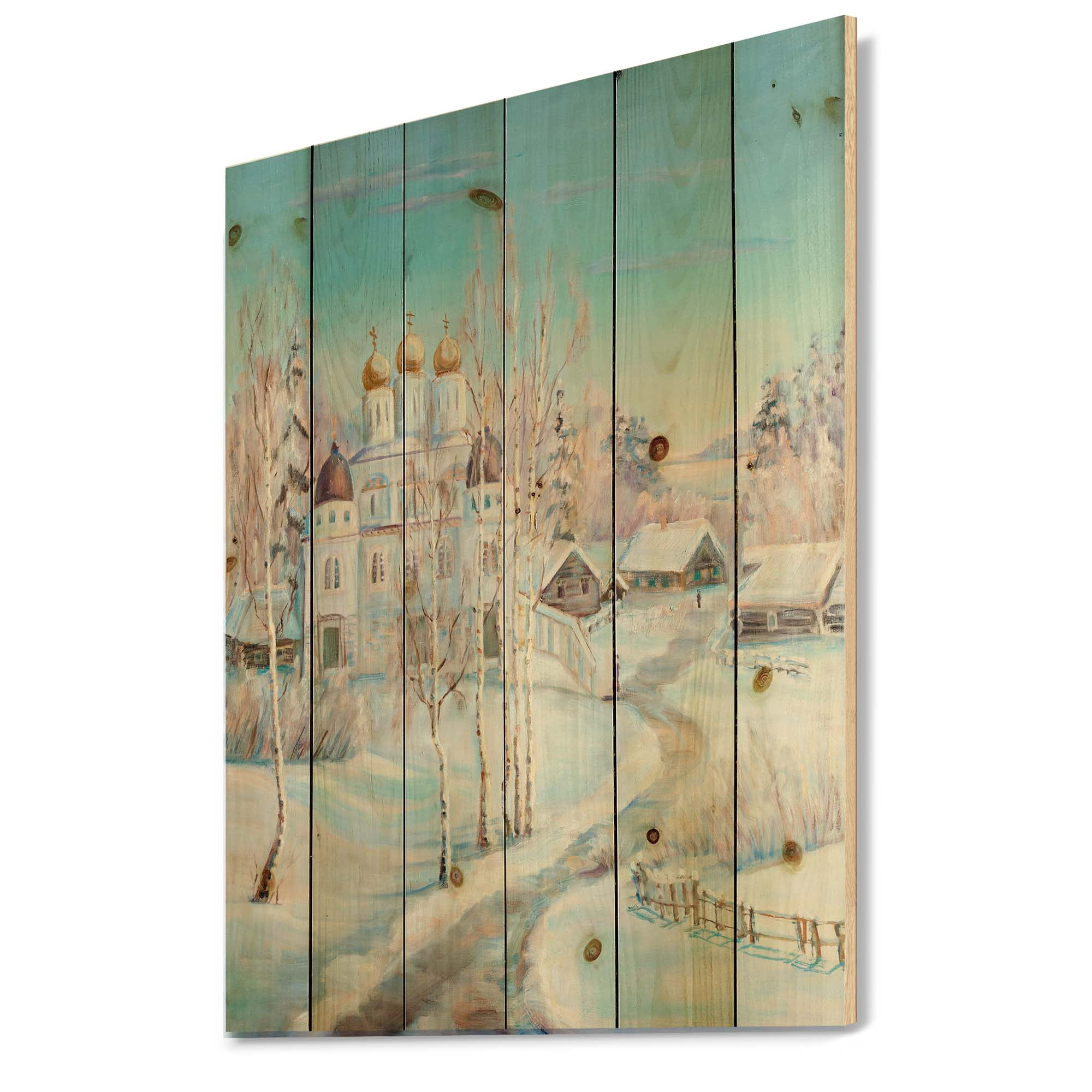 Designart 'Temple Over Country Road In Winter Landscape' Traditional Print on Natural Pine Wood