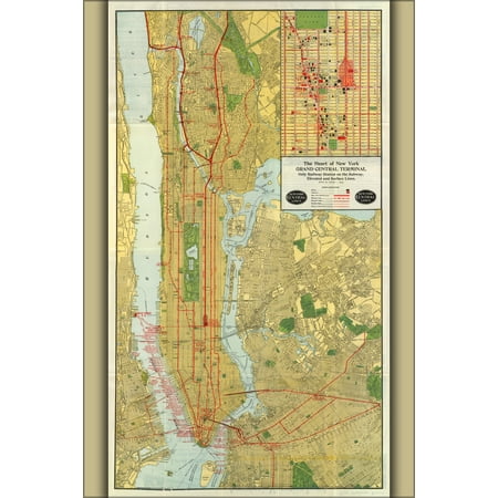 24"x36" Gallery Poster, 1918 Map of the New York Central Railroad, New York City