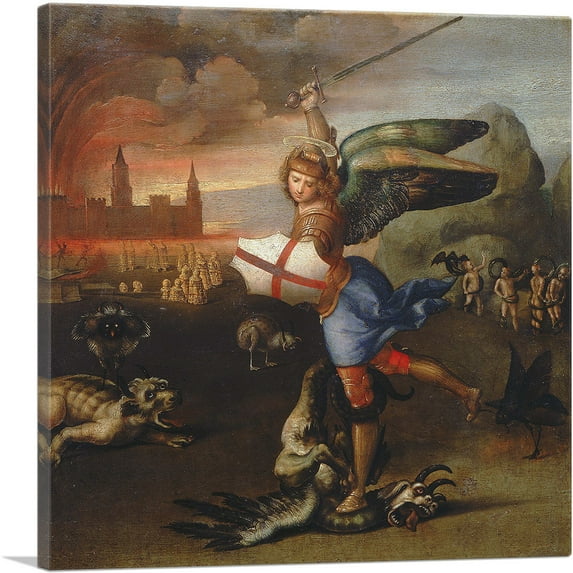 ARTCANVAS Saint Michael and the Dragon 1505 Canvas Art Print by Raphael - Size: 26" x 26" (1.50" Deep)