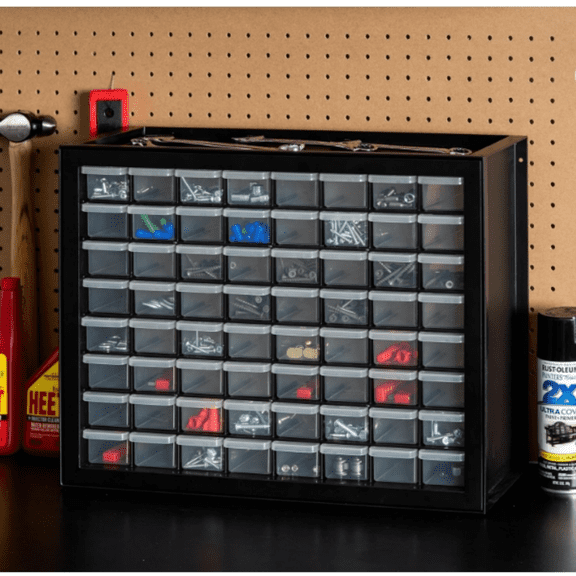 64-Drawer, Screw Tool Electronics Hardware Nuts and Bolts Plastic Garage Storage Cabinet Bin, Stackable Craft Supply Building Bricks Sorter Teacher Tool Box, Black