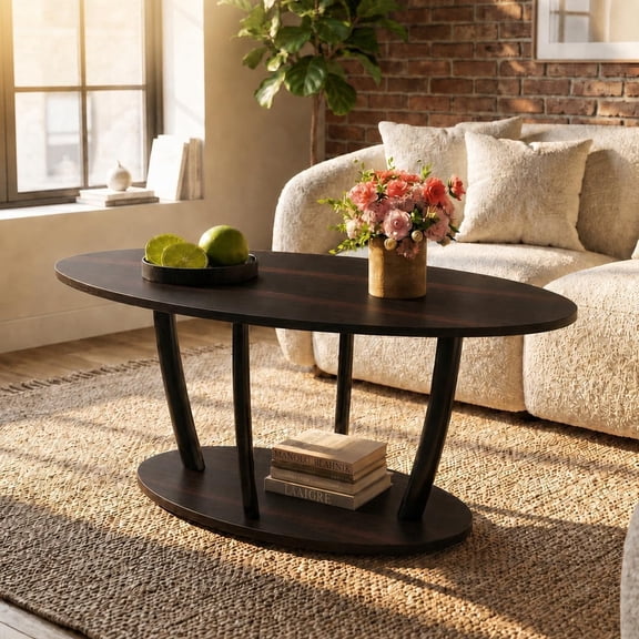 Manora Modern Oval Coffee Table with Storage Shelf, Mid Century Living Room Table with Open Display Shelf, Black Wood Finish