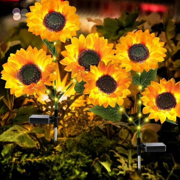 Solar Lights Outdoor Garden Decor, 2Pack Solar Garden Lights with 6 Sunflower & Luminous Stems, Waterproof Solar Outdoor Lights Auto ON/Off Solar Decorative Lights for Garden, Patio, Backyard