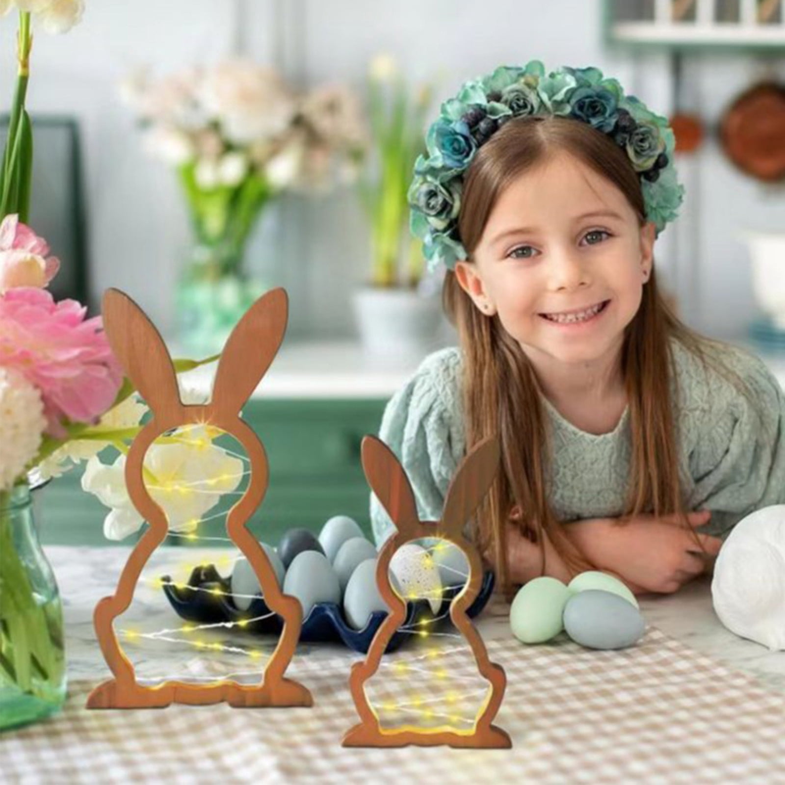 Set of 2 Wooden Easter Bunny Night Lights for Nursery, Spring Home Shelf Decor with Soft Warm Glow