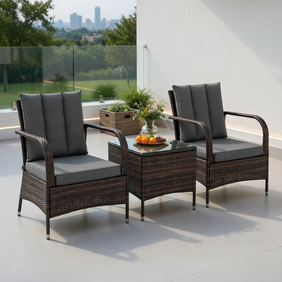 Resenkos 3-Piece Gray Outdoor Rattan Patio Furniture Set with Tempered Glass Coffee Table & Weather-Resistant Cushions