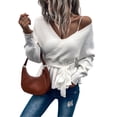 thumbnail image 1 of Mujeres V cuello de manga larga suéter moda casual corte bajo cintura espalda hueco fuera mujer Otoño Invierno suéter superior blanco XL, 1 of 6
