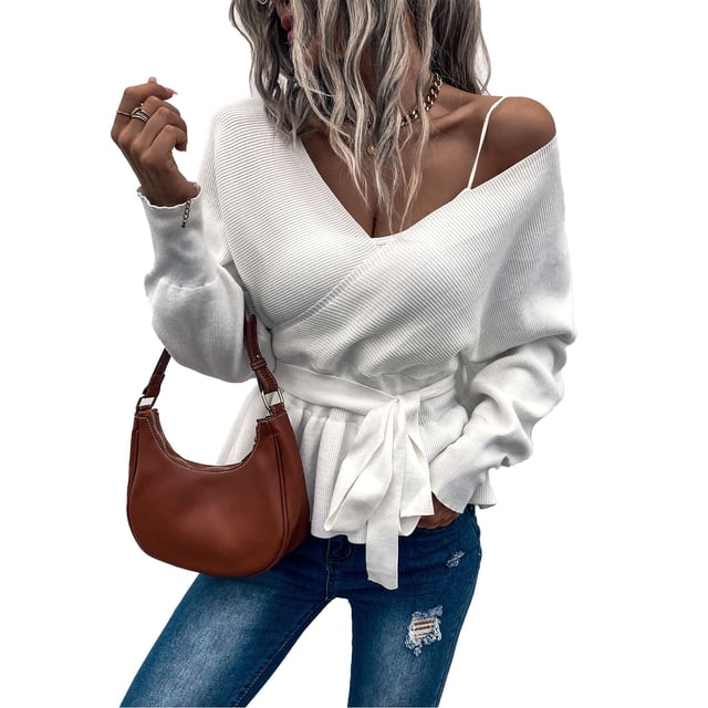 Mujeres V cuello de manga larga suéter moda casual corte bajo cintura espalda hueco fuera mujer Otoño Invierno suéter superior blanco XL