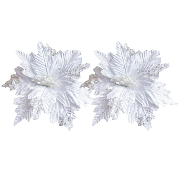 Monstrate 2 piezas 25 cm brillo Poinsettia árbol de Navidad adornos de Navidad flores artificiales boda fiesta vacaciones Decoración del hogar Blanco