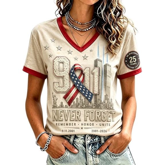 GIPQJK Women 9.11 Never Forget 25th Anniversary Commemorative T-Shirt American Flag Shirt V Neck Short Sleeve T-Shirt We Will Never Forget 911 Memorial Tees,Beige XL
