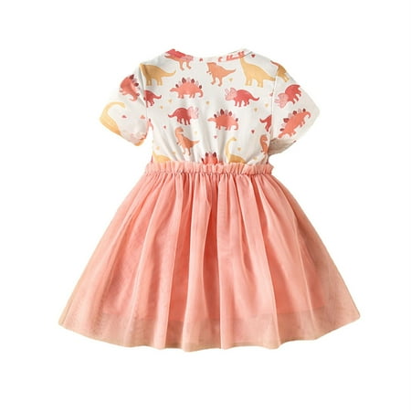 

Toddler Girl Summer Short Sleeve Round Neck Dinosaur Printed Lace Dress Summer Little Girl Gift Baby Sundress Streetwear