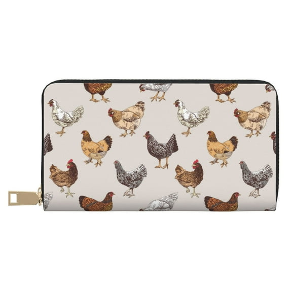 Leather Thin Slim Wallets for Women Men - Rustic Cute Chicken Clutch Card Wallet for Women Men with Zipper