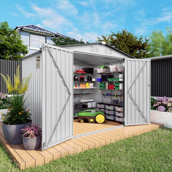 Vigo huseeo 8x6 FT Metal Outdoor Storage Shed with Window & Lockable Door, Tool Shed for Backyard Patio Garden, White & Gray